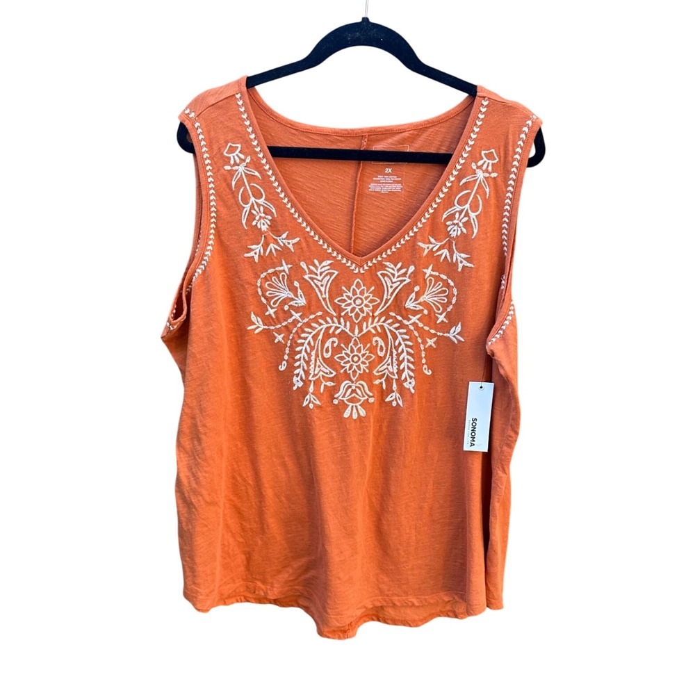 Sonoma Goods For Life Burnt Orange Embroidered V-Neck Cotton Tank Top 2X NEW